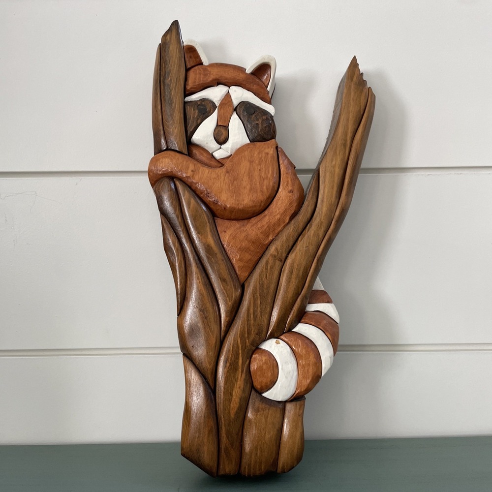 Beautiful Vintage Wooden Wall Art Raccoon On Branch 20" X 8"